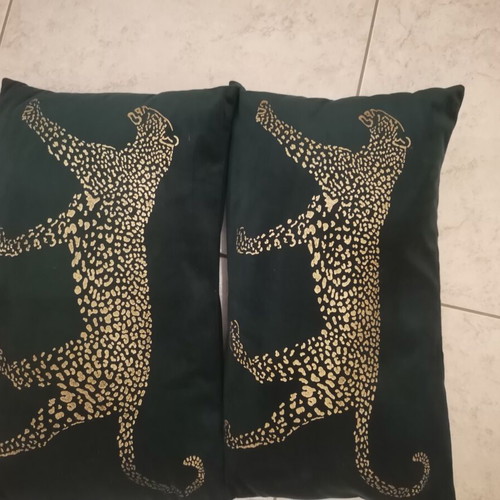 Modernhome velvet pillows with gold leopard print, pack of 2, dark green