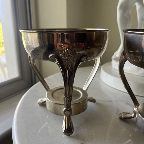 Vintage metal food warmer set with decorative legs and handles