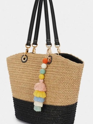 Parfois Tote bag ψάθινη καινούργια με charms, μαύρο και μπεζ