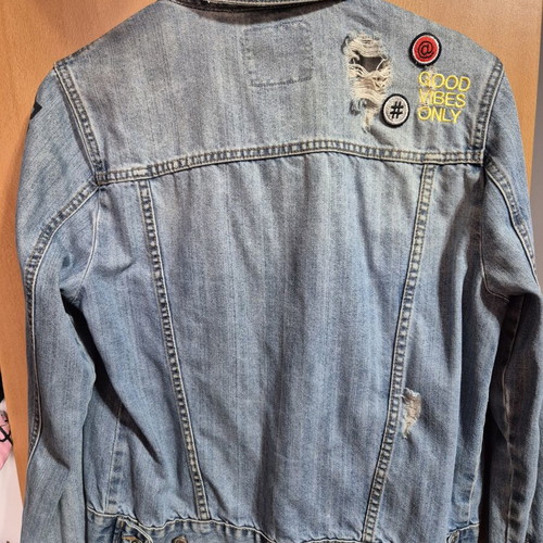 Denim jacket with designs size large like new, blue turquoise