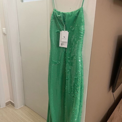 Stefania Vaidani green dress with sequins and side slits, new, size S
