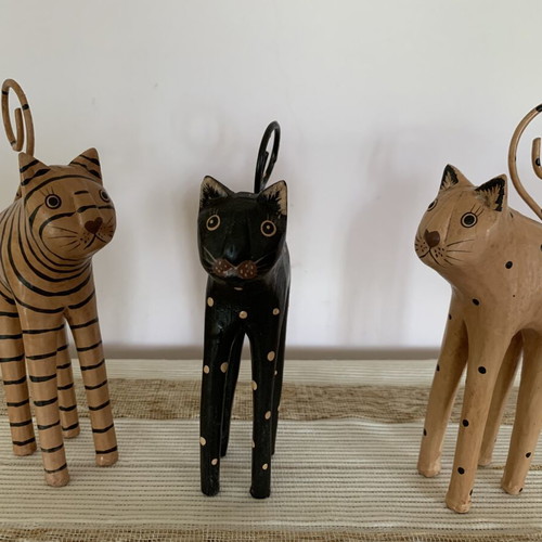 Handmade wooden cat set of 3 with wire tails, new