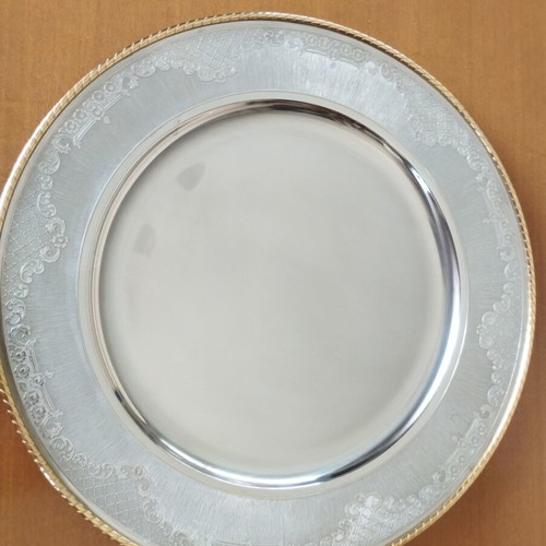 Vintage stainless steel serving tray 30cm with gold trim, mint condition