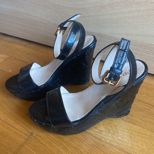 Prada Vernice black patent leather wedge platform sandals, size 36
