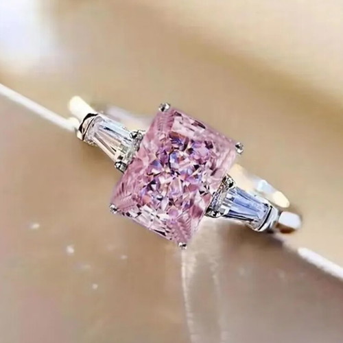 Ring with Pink Rectangular Stone and Baguette Side Stones new