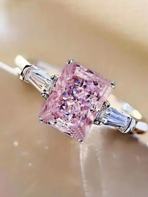 Ring with Pink Rectangular Stone and Baguette Side Stones new
