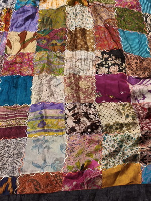 Silk double-sided scarf like new, multicolor patchwork and boho design