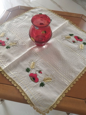 Vintage Handmade Table Runner 47x45cm with Embroidered Wheat and Gold Lace