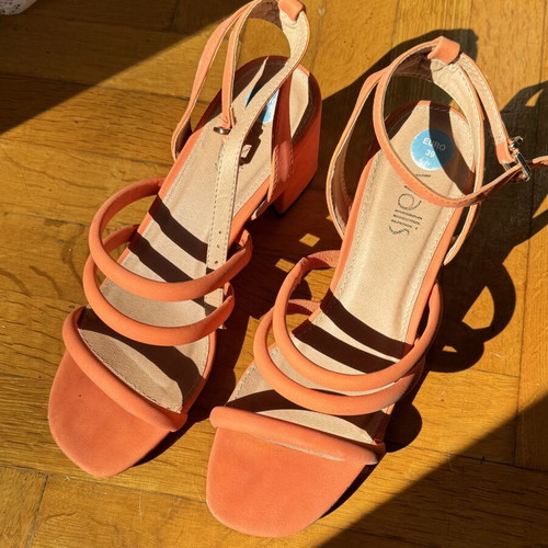 Classic orange block heel sandals used, strappy micro-strap design