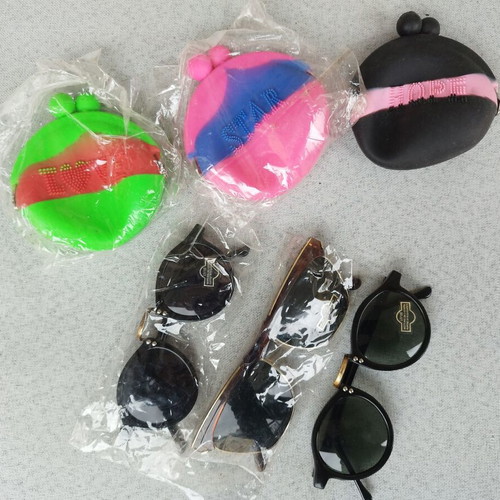 Set of 3 wallets and 3 pairs of new kids' glasses, pink and green