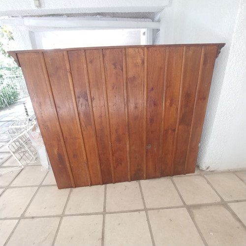 Two-piece walnut wood furniture unit with glass shelves