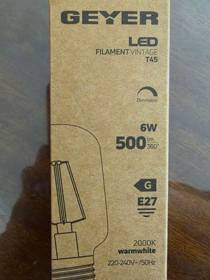 GEYER LED filament vintage T45 E27 6W dimmable warm white bulbs, pack of 10