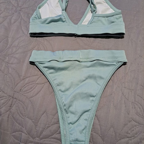 Mint bikini set with ribbed texture, triangle top and high-waisted slip, like new, size S/M