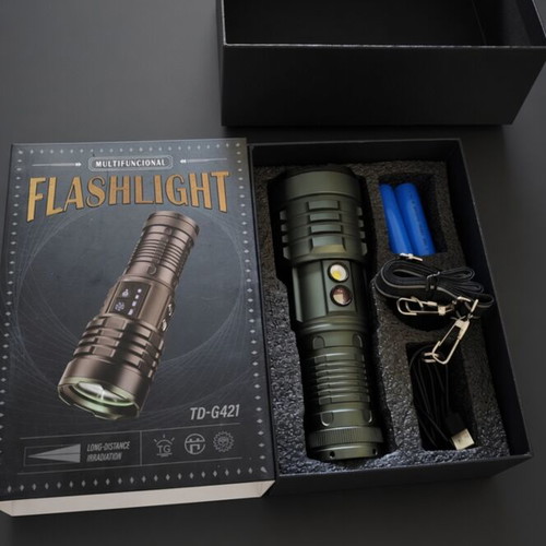 TD-G421 Rechargeable LED Flashlight with Zoom and 5 Side Light Colors