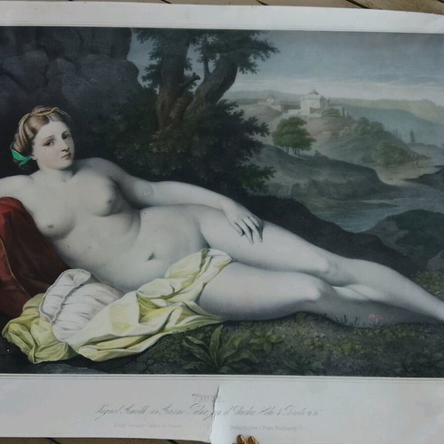Chalcography The Resting Aphrodite 1850 hand-colored, used 60x43cm