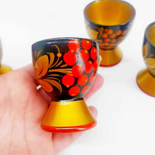 Vintage Russian Khokhloma Egg Cups Set of 4, Handpainted Wood