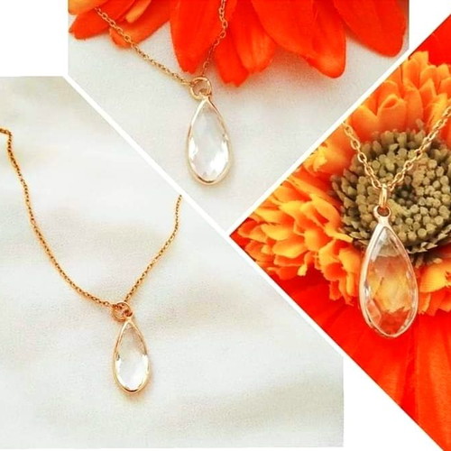 Handmade necklace with steel chain and transparent crystal drop new