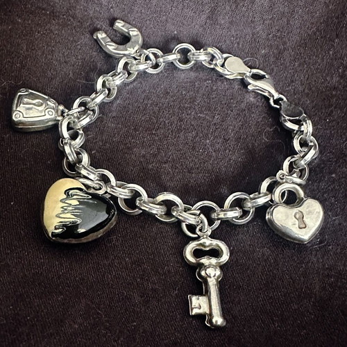Vintage silver 925 bracelet with charms and ceramic heart used