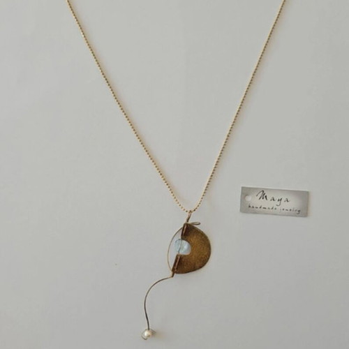 Handmade brass necklace new, gold color with crystal and mother-of-pearl