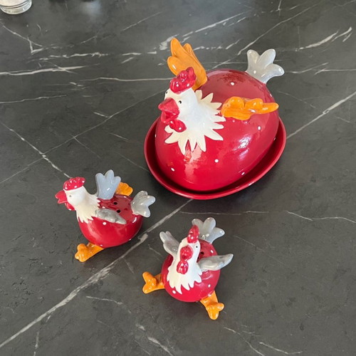 Ceramic Easter butter dish and salt pepper set new with red and white hens