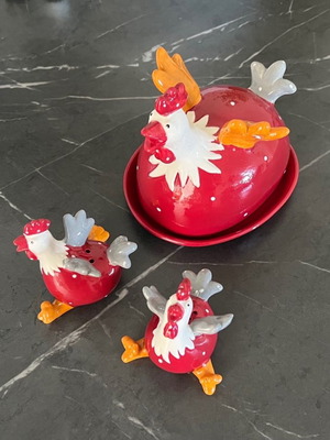 Ceramic Easter butter dish and salt pepper set new with red and white hens