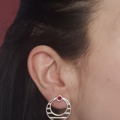 Silver plated earrings with burgundy stone like new, titanium clasp