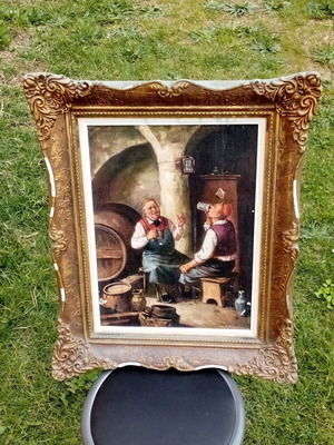 Vintage painting "Scene in Cellar" used with plaster frame
