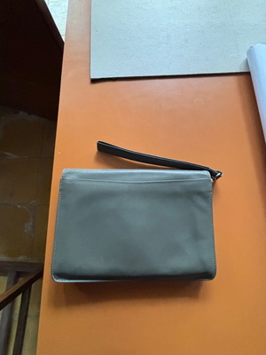 Hand wallet used, leather gray with multiple compartments