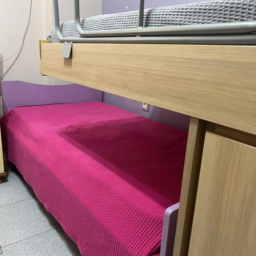 Modecco bunk bed with cupboard, hidden third bed and two-seat desk bookshelf