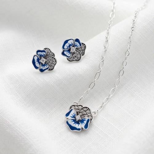 Pandora Blue Pansy Necklace and Earrings Set new, silver 925