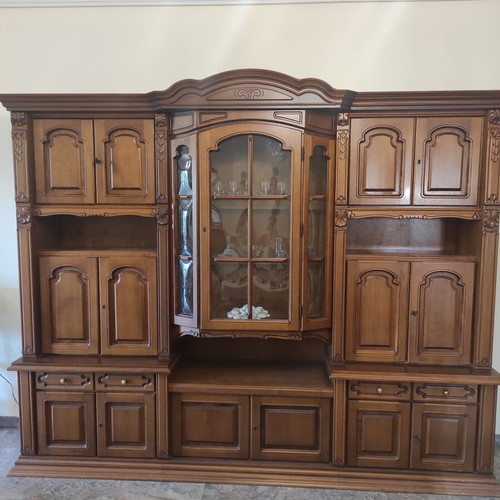 Classic walnut wood composition with display cabinet and lighting