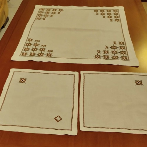 Vintage set of 3 table linens with handmade cross-stitch embroidery used