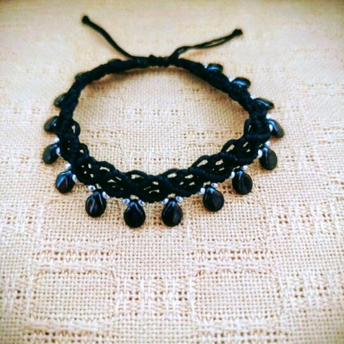 Boho Glam Macrame Bracelet with Black Drops like new, adjustable handmade