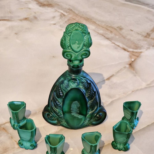 František Halama Art Deco liqueur set malachite glass like new