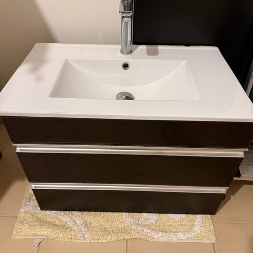 Bathroom sink and cabinet set, white porcelain basin, MDF vanity