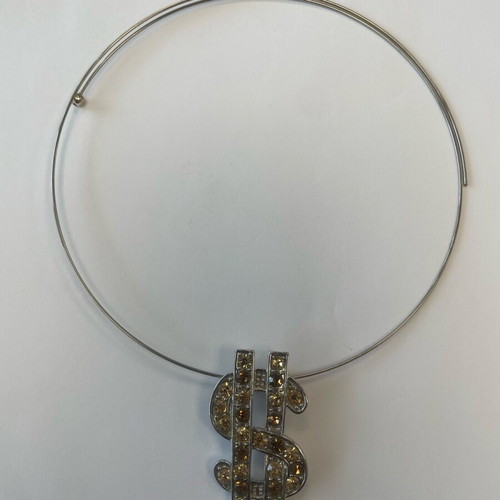 Choker necklace dollar pendant used, brown and silver