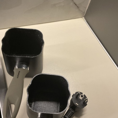 Kitchen accessories set black matte color unused, includes electric coffee pot and non-stick pots