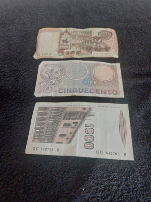 Italian Lire banknotes set of 3 used, collectible paper money