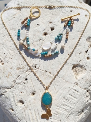 Nephrite Necklace and Bracelet Set 18K Gold Plated Turquoise New
