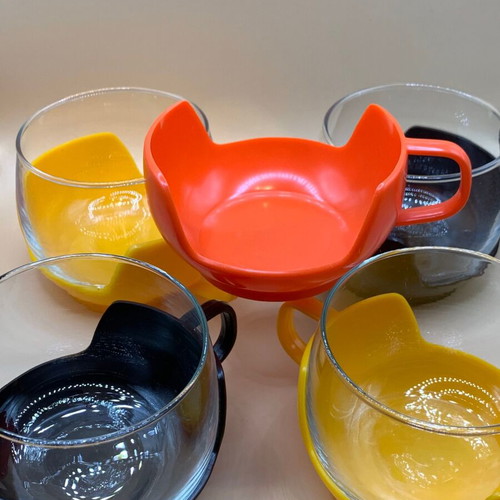 Glass cups with plastic holders vintage '70s set of 4 like new
