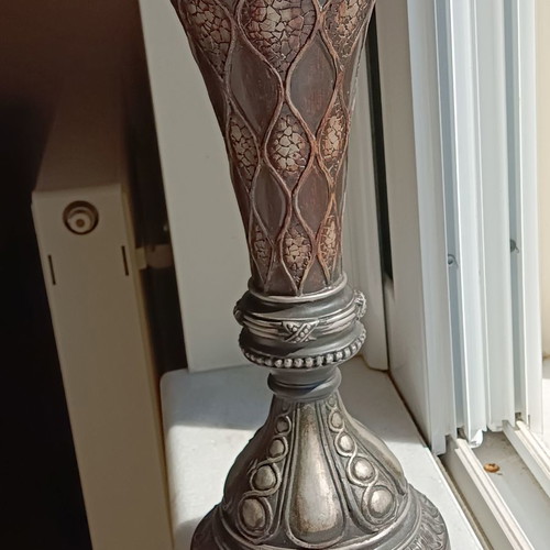 Table lamp with silk shade and carved base