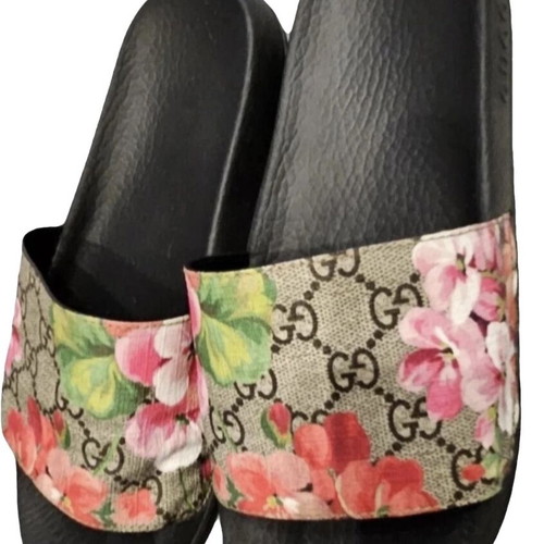 Gucci GG Blooms Supreme floral slide sandals used, size 37, black and pink