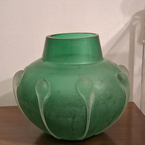 Art vase used, heavy, sand-blasted with appliqued detail