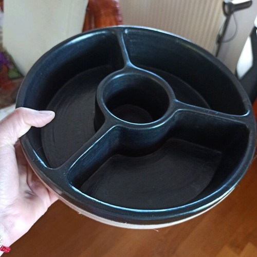 Ceramic serving platter with compartments, new, black with rattan trim