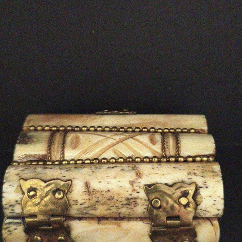 Vintage camel bone jewelry box with brass owl clasp