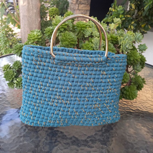 Handmade tulle bag in turquoise with gold handles