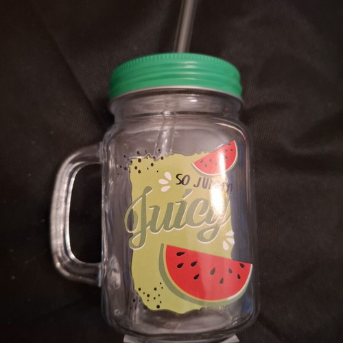 Portable glass drink container with lid and straw, new