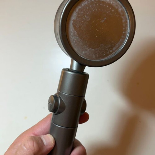 Modern shower head with stop button and flow selector, gunmetal