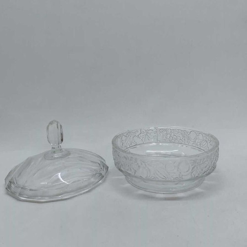 Crystal fondant dish with lid and embossed designs used 16x15.5cm