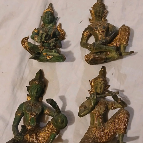 Handmade deities used, set of 4, gilded bronze